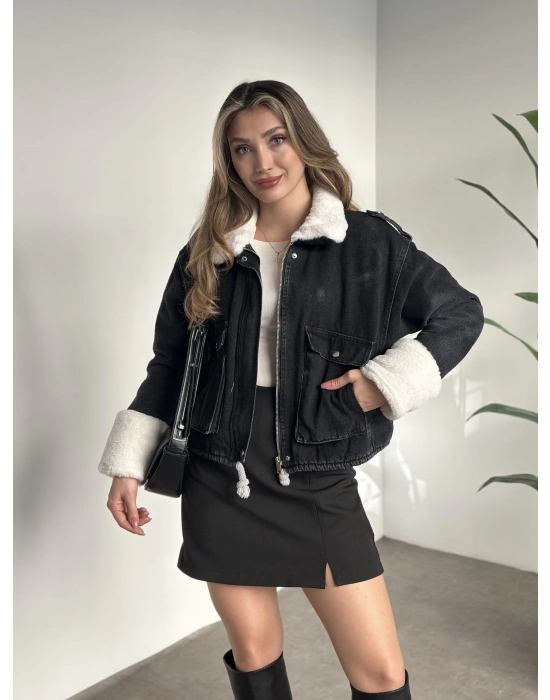 İçi ve yakası tamamen peluş kot mont siyah beyaz