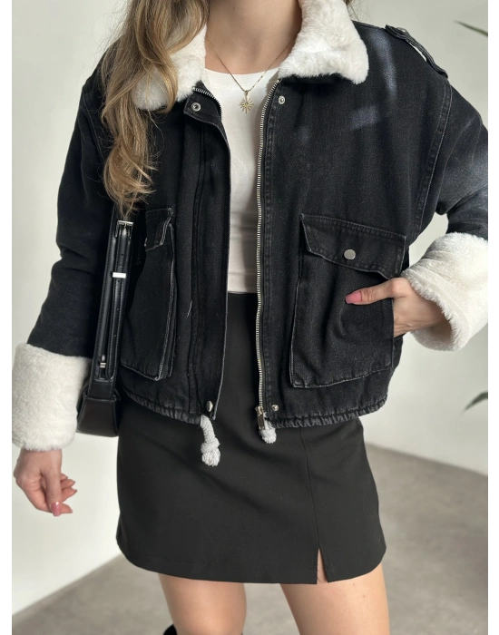 İçi ve yakası tamamen peluş kot mont siyah beyaz