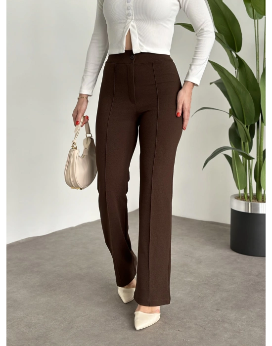 İkonik model enine boyuna full likralı düğmeli pantolon Kahve