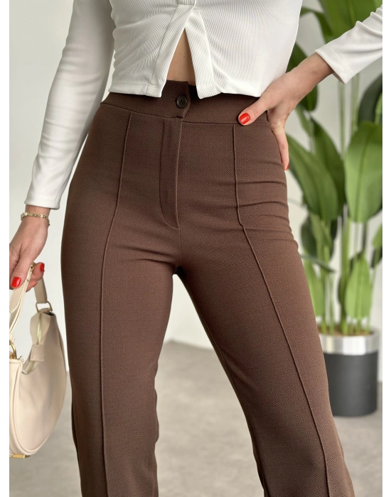 İkonik model enine boyuna full likralı düğmeli pantolon Kahve