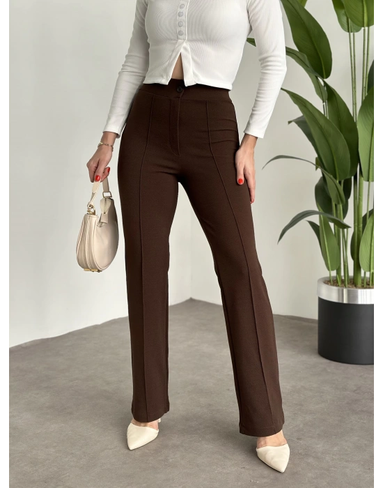İkonik model enine boyuna full likralı düğmeli pantolon Kahve