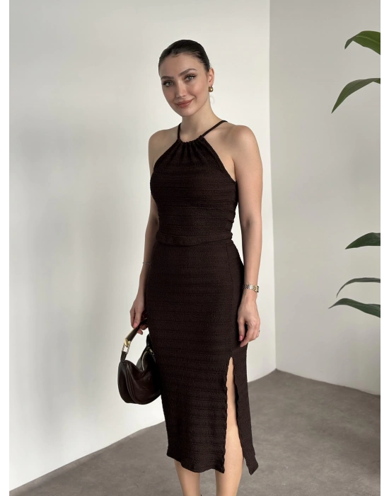 İp geçmeli bluz yırtmaç etekli bürümcük takım kahve