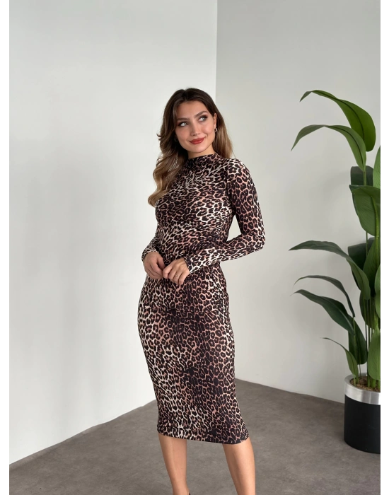 İthal sandy kumaş leopar desenli elbise