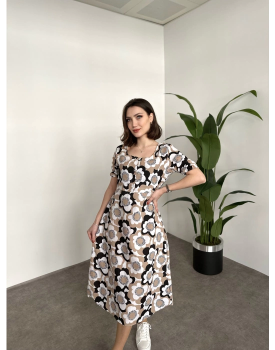 Kare Yaka Düğmeli Poplin Elbise Kahve Çiçekli