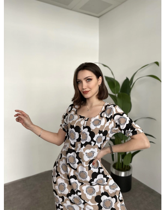 Kare Yaka Düğmeli Poplin Elbise Kahve Çiçekli