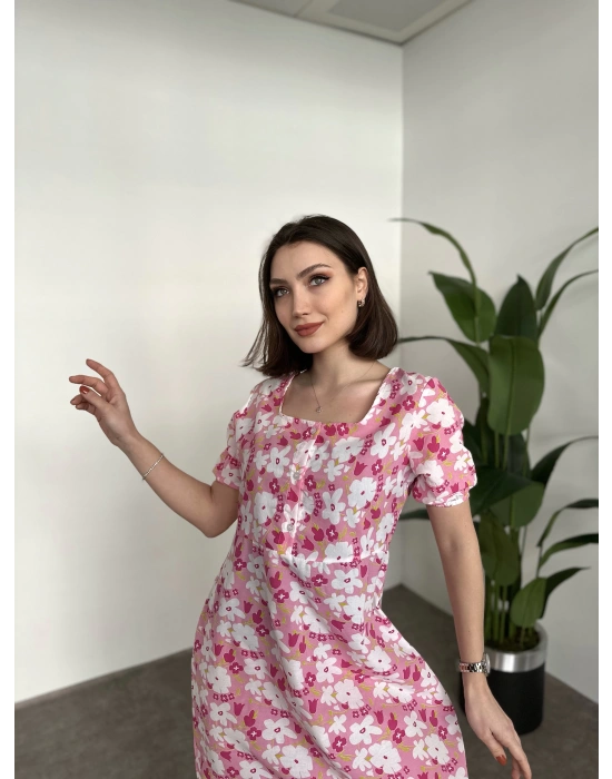 Kare Yaka Düğmeli Poplin Elbise Pembe Çiçekli