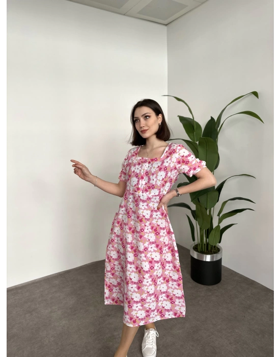 Kare Yaka Düğmeli Poplin Elbise Pembe Çiçekli