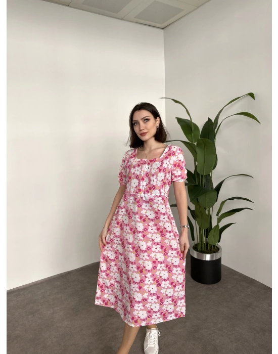 Kare Yaka Düğmeli Poplin Elbise Pembe Çiçekli