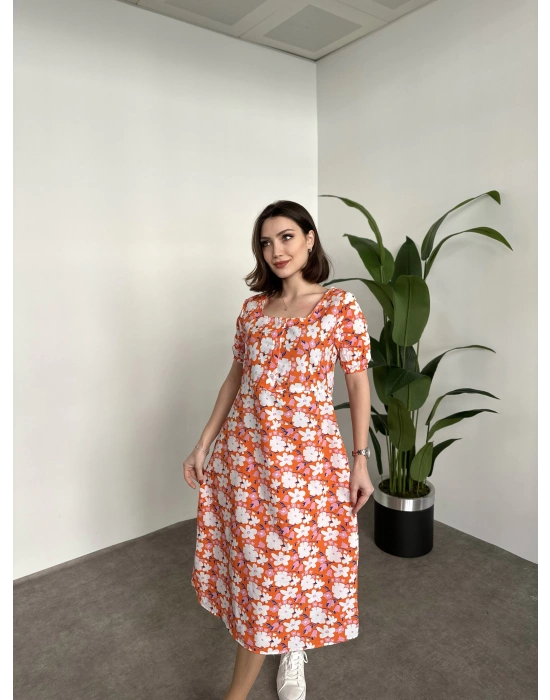 Kare Yaka Düğmeli Poplin Elbise Turuncu çiçekli