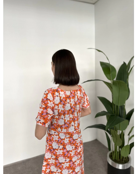 Kare Yaka Düğmeli Poplin Elbise Turuncu çiçekli