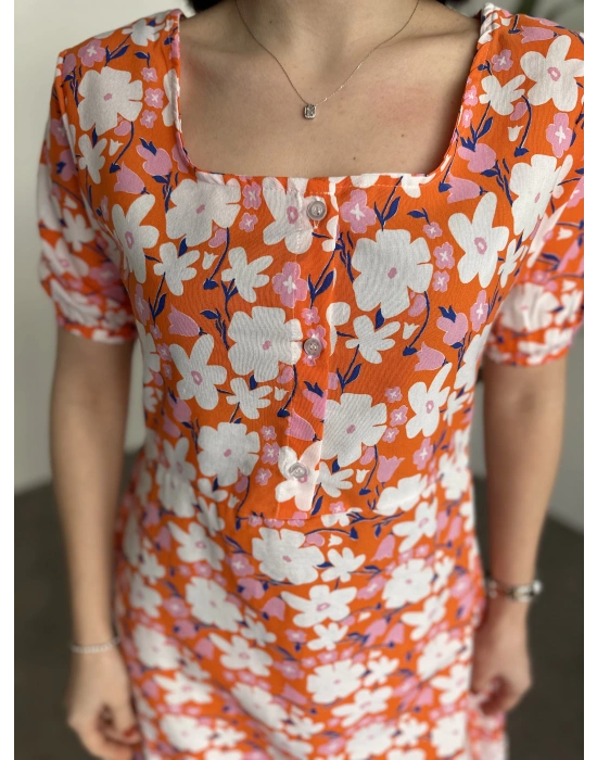 Kare Yaka Düğmeli Poplin Elbise Turuncu çiçekli