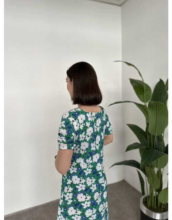Kare Yaka Düğmeli Poplin Elbise Yeşil Çiçekli