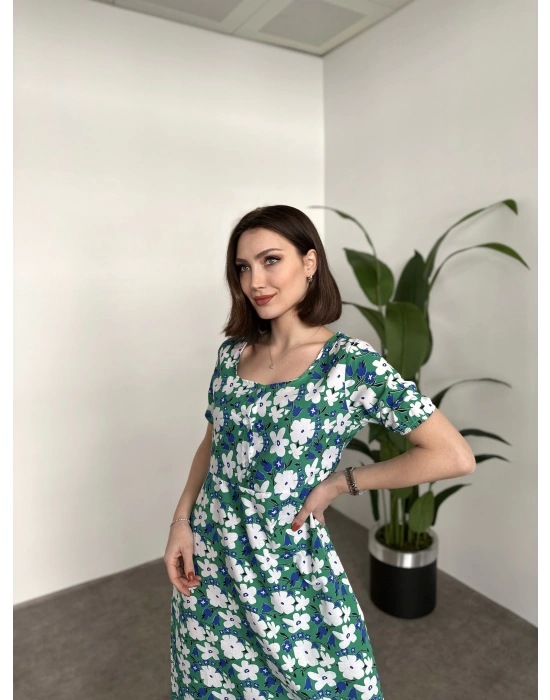 Kare Yaka Düğmeli Poplin Elbise Yeşil Çiçekli
