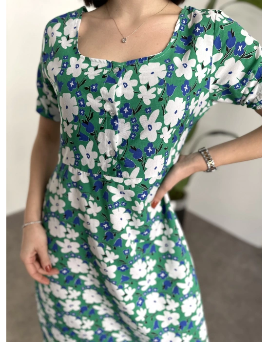 Kare Yaka Düğmeli Poplin Elbise Yeşil Çiçekli