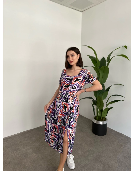 Kare Yaka Düğmeli Yırtmaç Detay Elbise Desenli