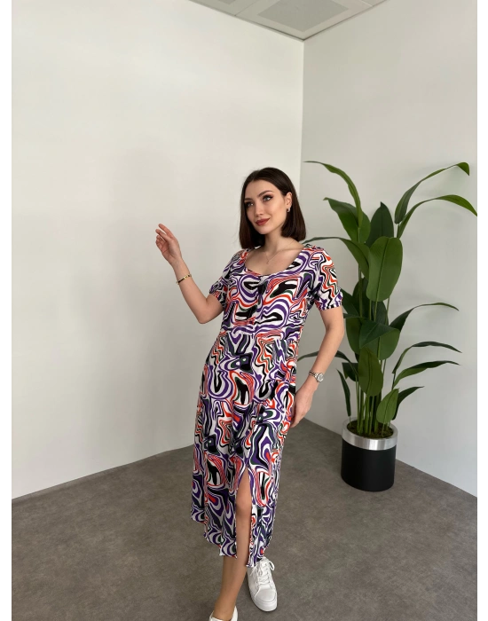 Kare Yaka Düğmeli Yırtmaç Detay Elbise Desenli