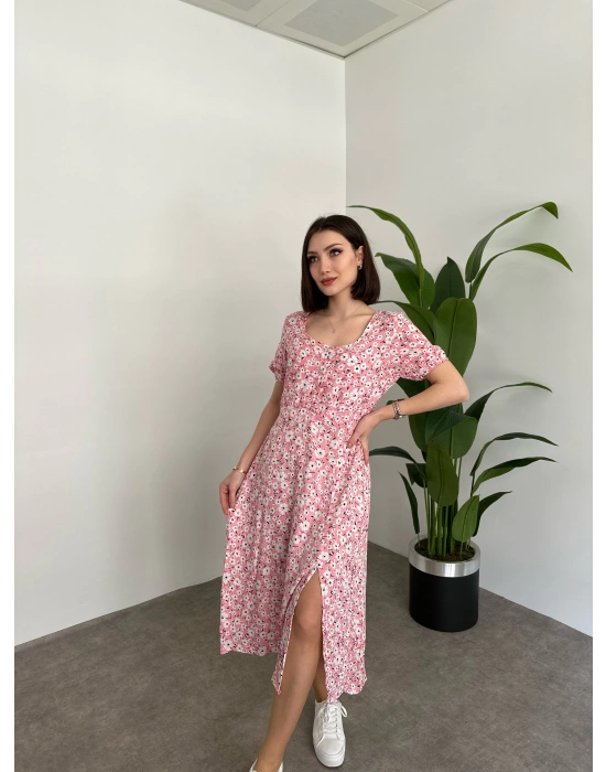 Kare Yaka Düğmeli Yırtmaç Detay Elbise pembe