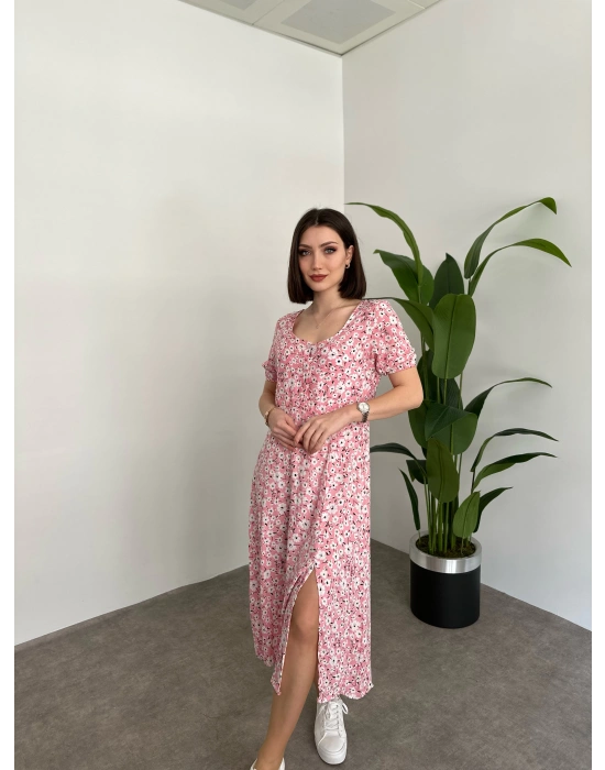 Kare Yaka Düğmeli Yırtmaç Detay Elbise pembe