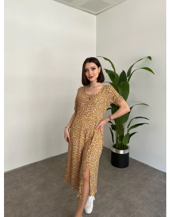 Kare Yaka Düğmeli Yırtmaç Detay Elbise Sarı