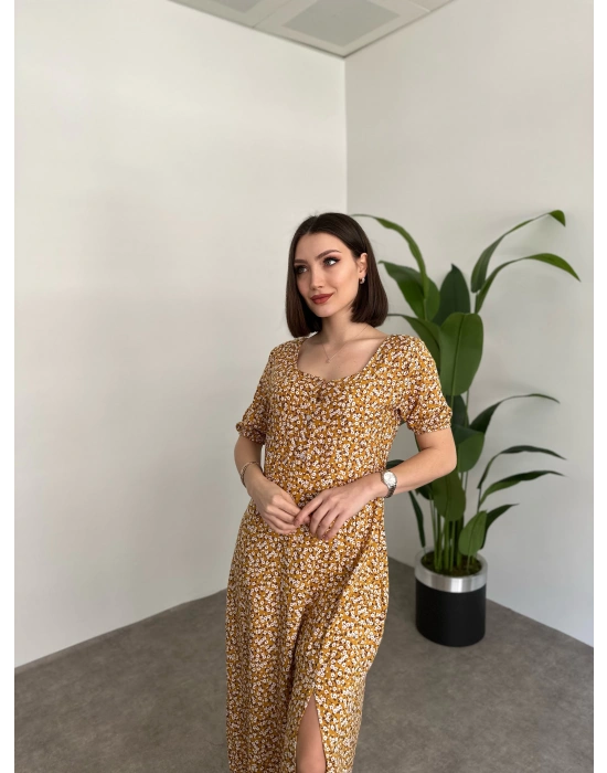 Kare Yaka Düğmeli Yırtmaç Detay Elbise Sarı