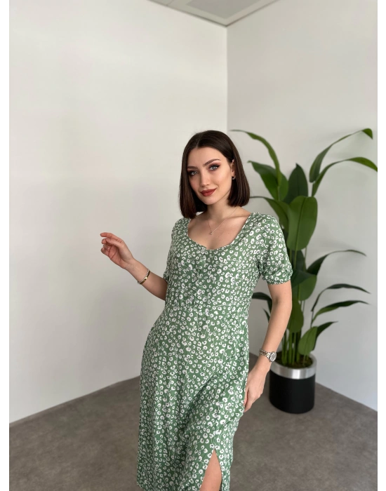 Kare Yaka Düğmeli Yırtmaç Detay Elbise Yeşil