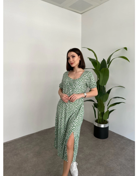 Kare Yaka Düğmeli Yırtmaç Detay Elbise Yeşil