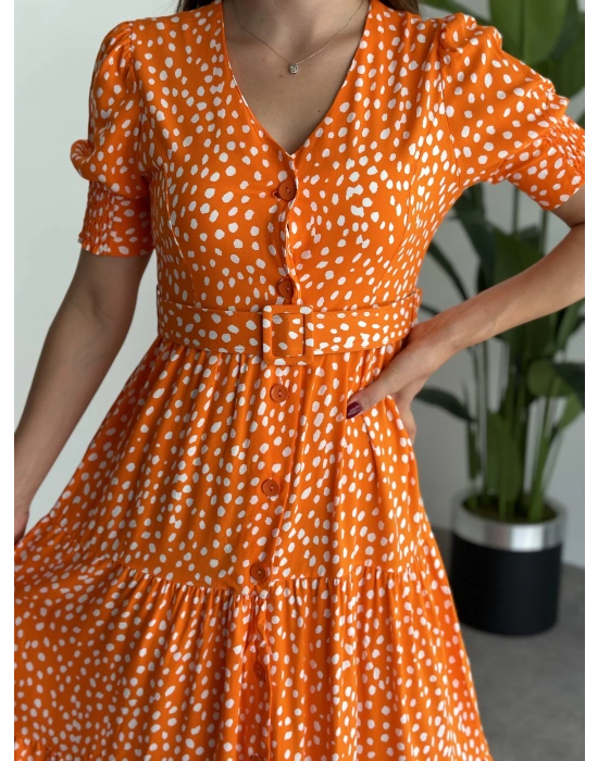 karpuz kol düğmeli v yaka nokta desenli Elbise Turuncu