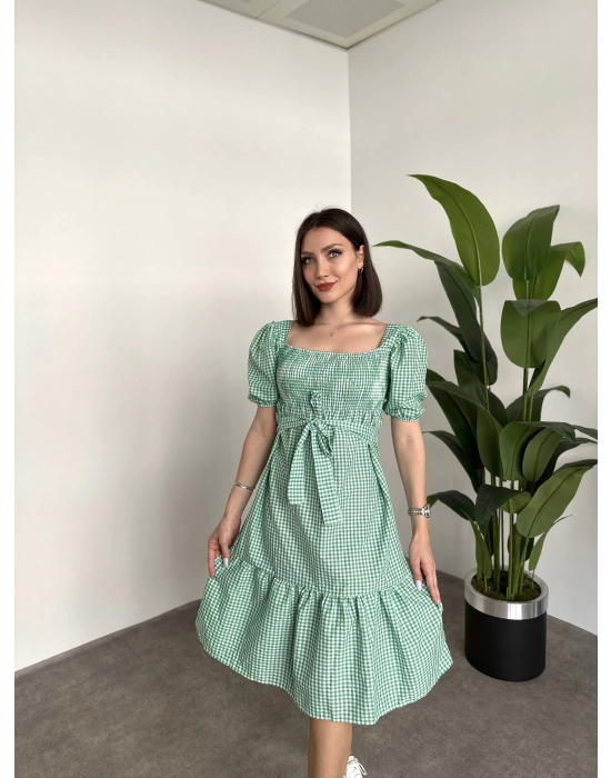 Karpuz Kol Gipeli Kareli Kuşaklı Midi Elbise Yeşil