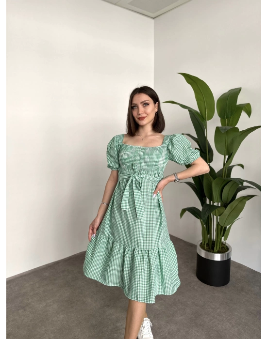Karpuz Kol Gipeli Kareli Kuşaklı Midi Elbise Yeşil
