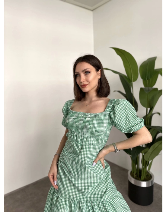 Karpuz Kol Gipeli Kareli Kuşaklı Midi Elbise Yeşil