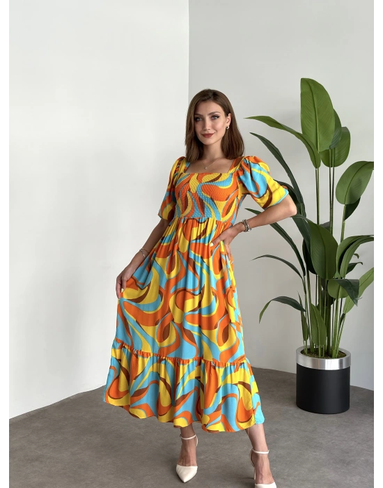 Karpuz Kol Gipeli Pamuklu Viskon Kumaş Elbise Dondurma Desenli