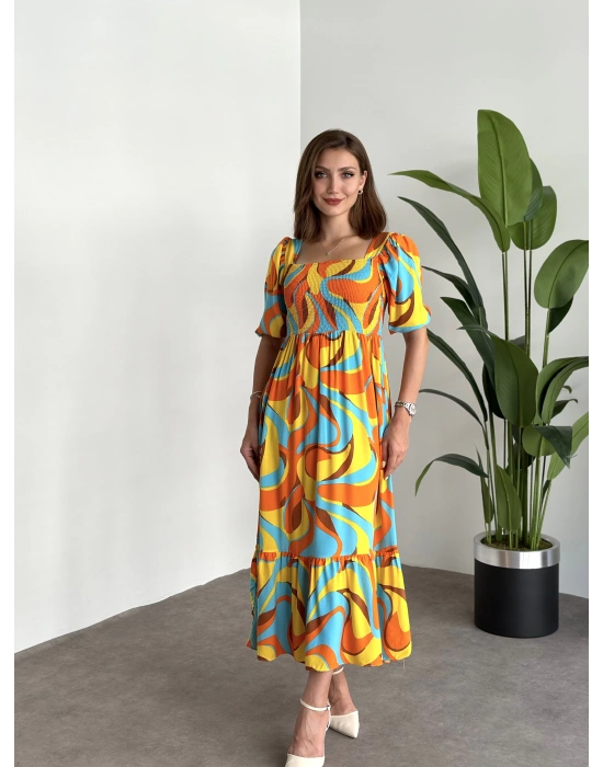 Karpuz Kol Gipeli Pamuklu Viskon Kumaş Elbise Dondurma Desenli