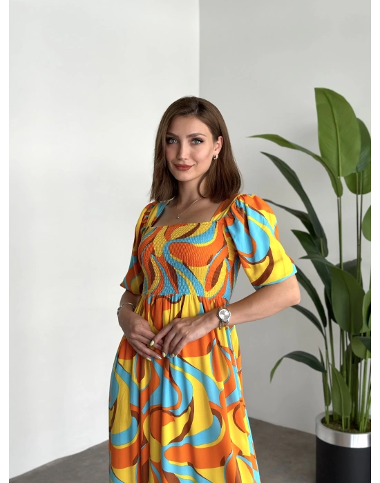 Karpuz Kol Gipeli Pamuklu Viskon Kumaş Elbise Dondurma Desenli