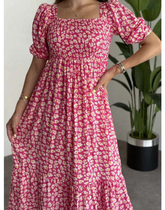 Karpuz Kol Gipeli Pamuklu Viskon Kumaş Elbise Fusya Papatyali