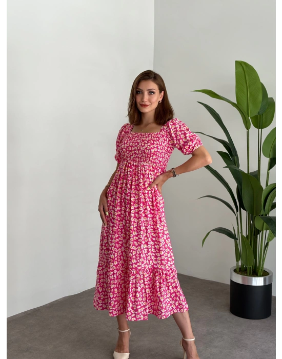 Karpuz Kol Gipeli Pamuklu Viskon Kumaş Elbise Fusya Papatyali