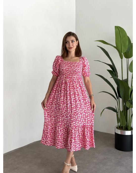 Karpuz Kol Gipeli Pamuklu Viskon Kumaş Elbise Fusya Papatyali