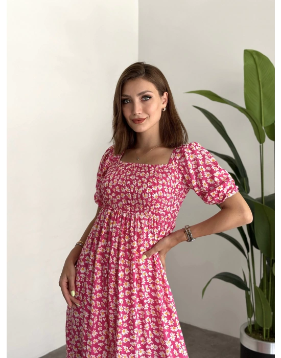 Karpuz Kol Gipeli Pamuklu Viskon Kumaş Elbise Fusya Papatyali