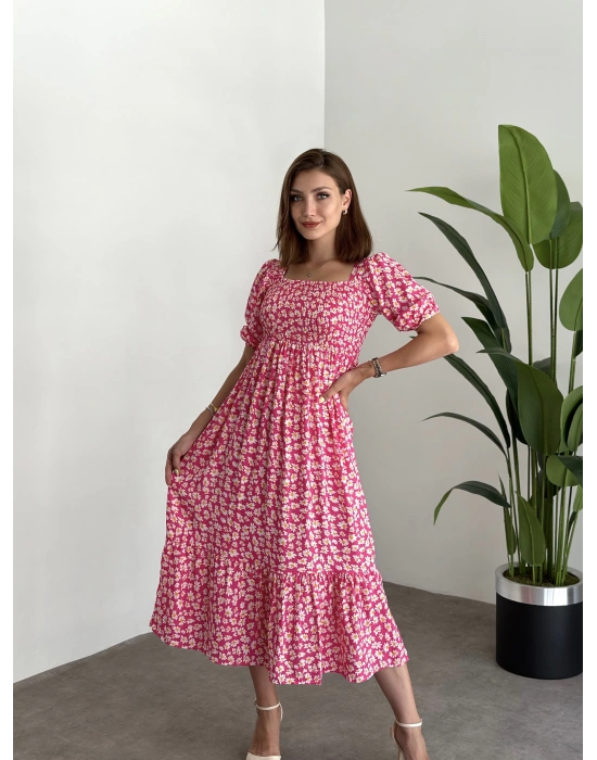 Karpuz Kol Gipeli Pamuklu Viskon Kumaş Elbise Fusya Papatyali