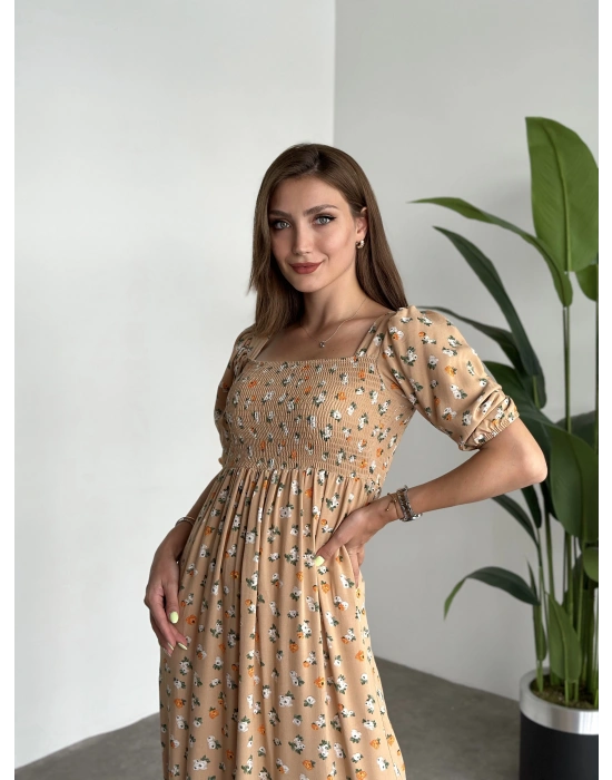 Karpuz Kol Gipeli Pamuklu Viskon Kumaş Elbise Krem Kucuk Çiçekli