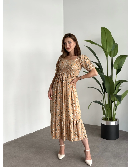 Karpuz Kol Gipeli Pamuklu Viskon Kumaş Elbise Krem Kucuk Çiçekli