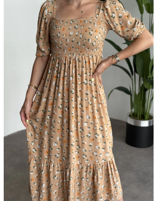 Karpuz Kol Gipeli Pamuklu Viskon Kumaş Elbise Krem Kucuk Çiçekli