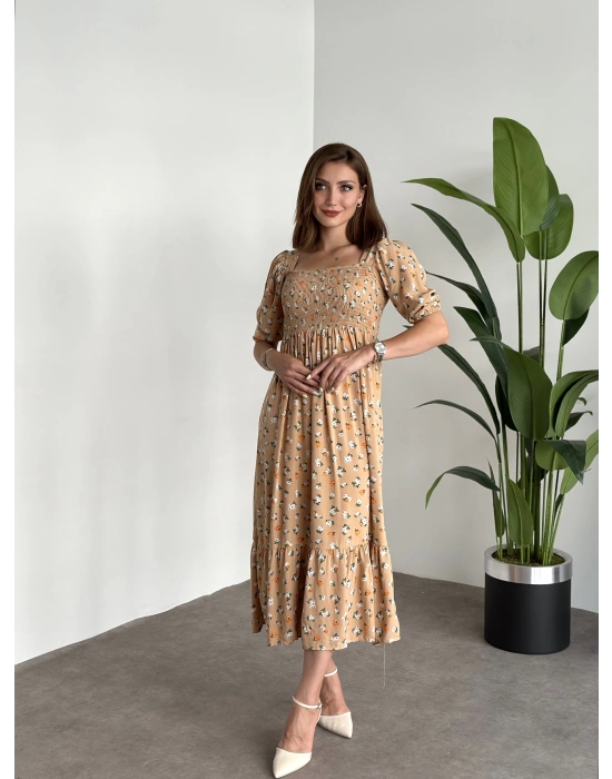 Karpuz Kol Gipeli Pamuklu Viskon Kumaş Elbise Krem Kucuk Çiçekli