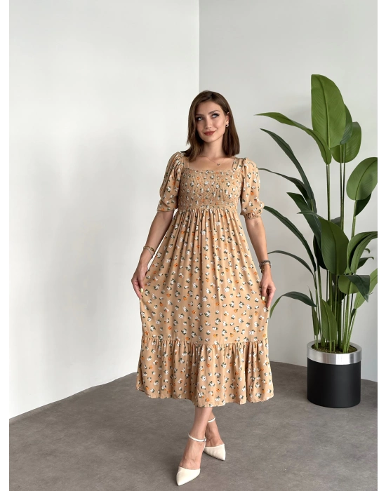 Karpuz Kol Gipeli Pamuklu Viskon Kumaş Elbise Krem Kucuk Çiçekli