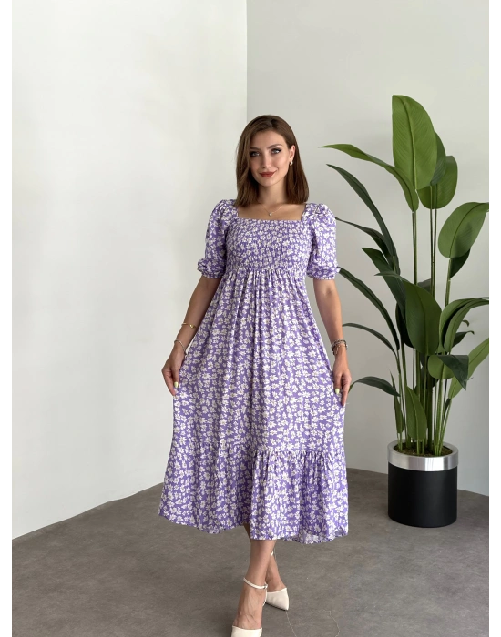 Karpuz Kol Gipeli Pamuklu Viskon Kumaş Elbise Lila Papatyali