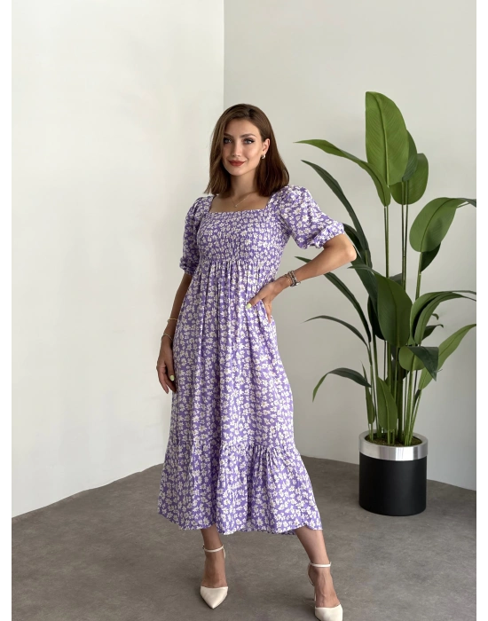 Karpuz Kol Gipeli Pamuklu Viskon Kumaş Elbise Lila Papatyali