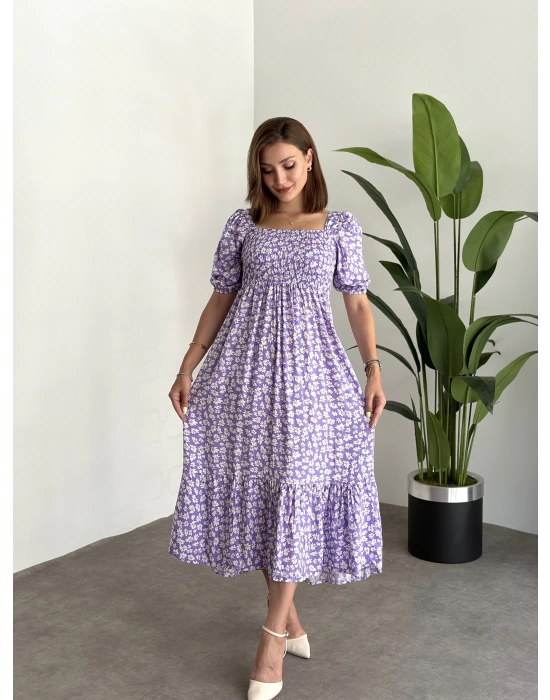 Karpuz Kol Gipeli Pamuklu Viskon Kumaş Elbise Lila Papatyali
