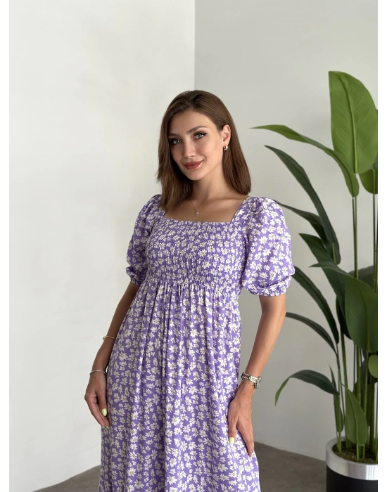 Karpuz Kol Gipeli Pamuklu Viskon Kumaş Elbise Lila Papatyali