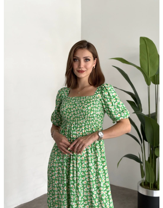 Karpuz Kol Gipeli Pamuklu Viskon Kumaş Elbise Yeşil Papatyali