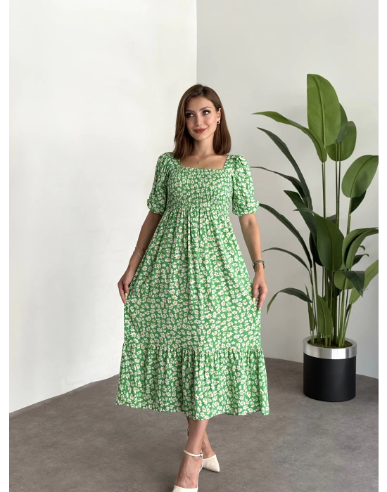 Karpuz Kol Gipeli Pamuklu Viskon Kumaş Elbise Yeşil Papatyali