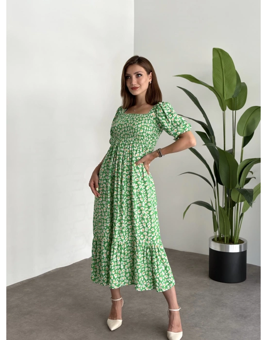 Karpuz Kol Gipeli Pamuklu Viskon Kumaş Elbise Yeşil Papatyali
